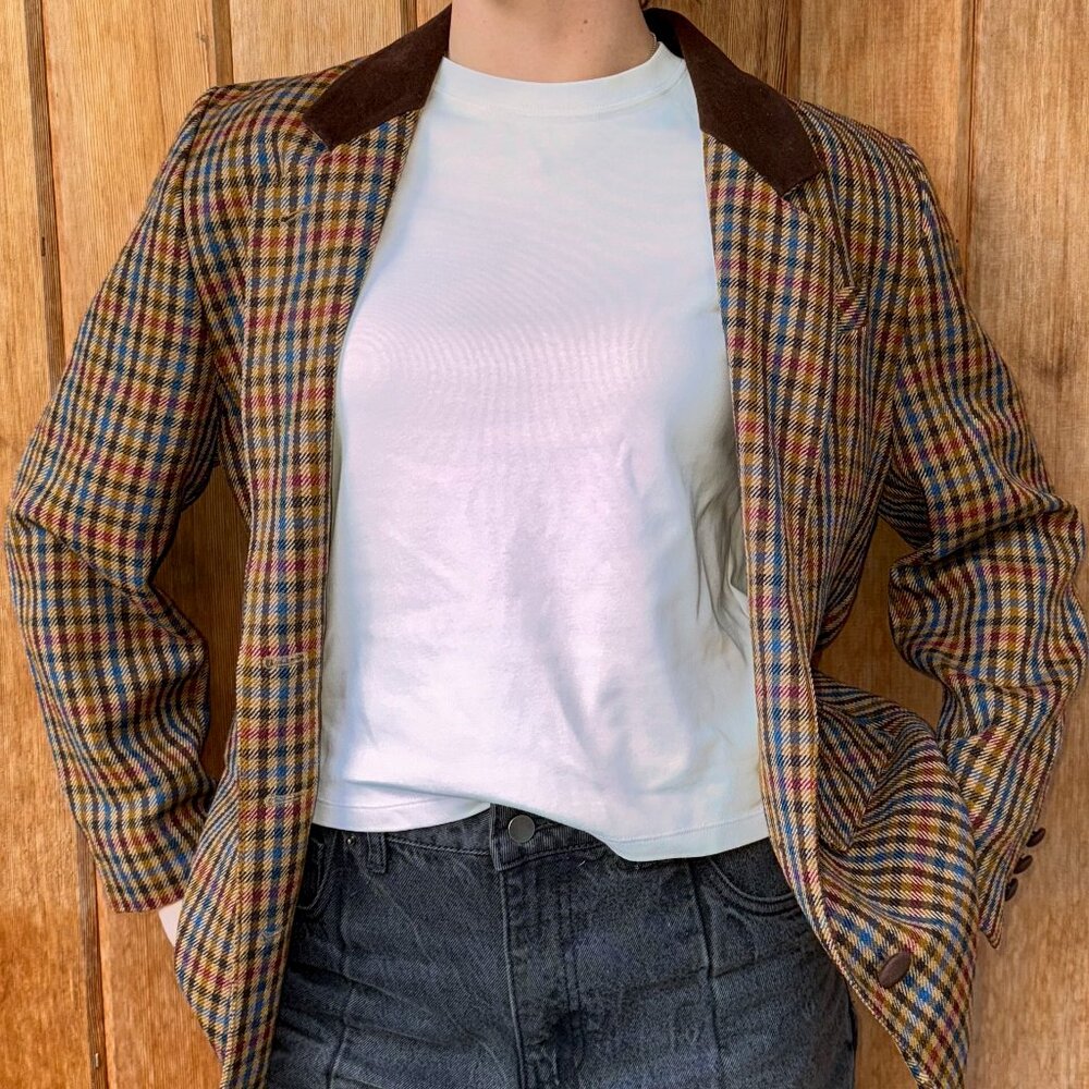 Plaid Blazer Jacket with Brown Collar